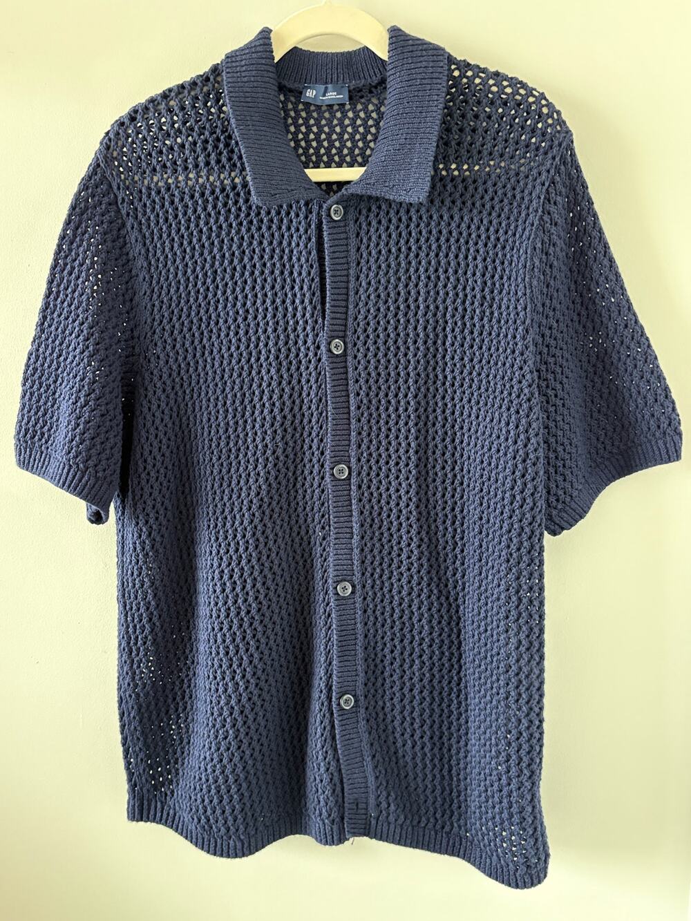 Open Knit Crochet Mens Short Sleeve Cardigan Mens Size L Navy Vacation Capsule